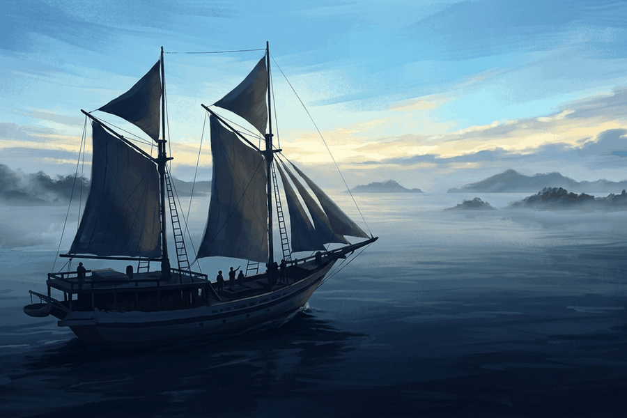 Perahu layar tradisional Nusantara berlayar di laut tenang saat fajar, pelaut membaca cakrawala